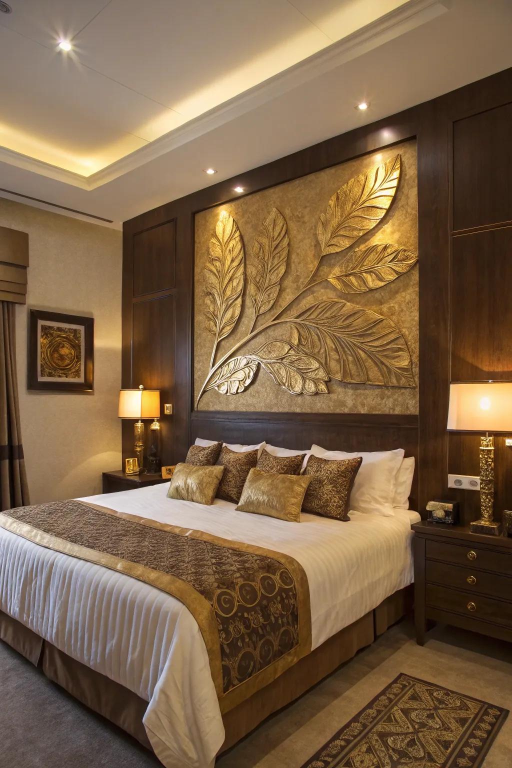 Gold leaf art becomes a stunning focal point in the room.