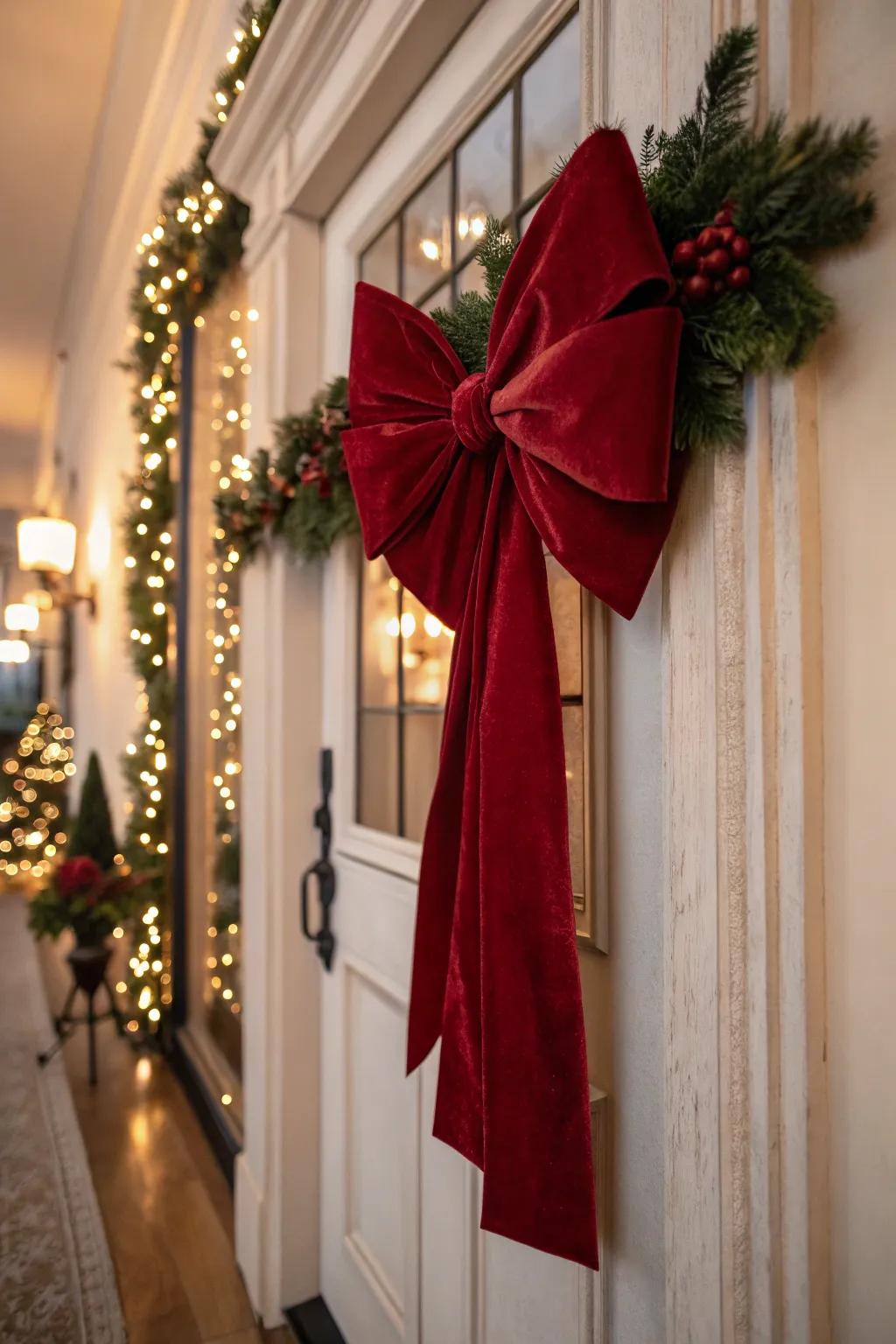 An elegant velvet bow adds a touch of luxury to this Christmas door.