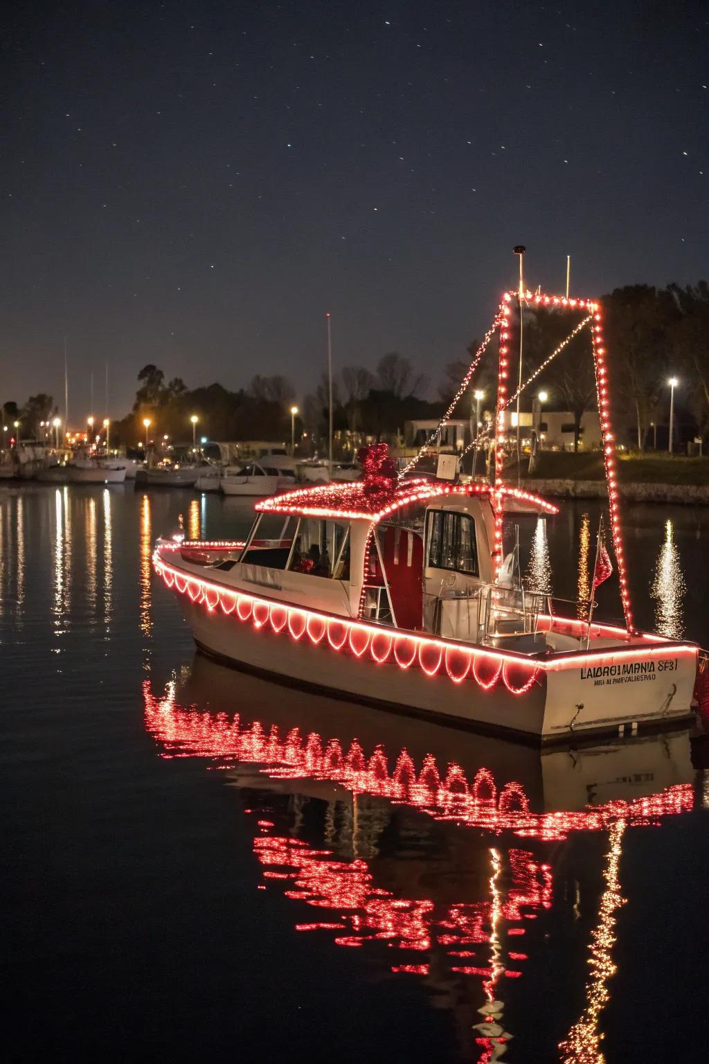 A delightful candy cane-themed boat, adding sweetness to the parade.