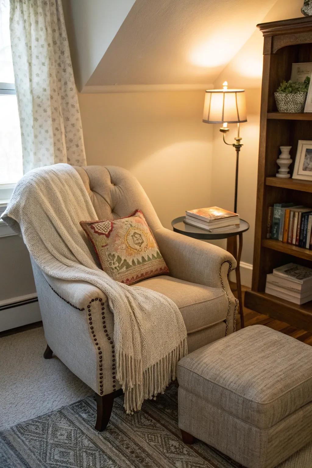 A cozy reading nook adds a personal retreat within your bedroom.