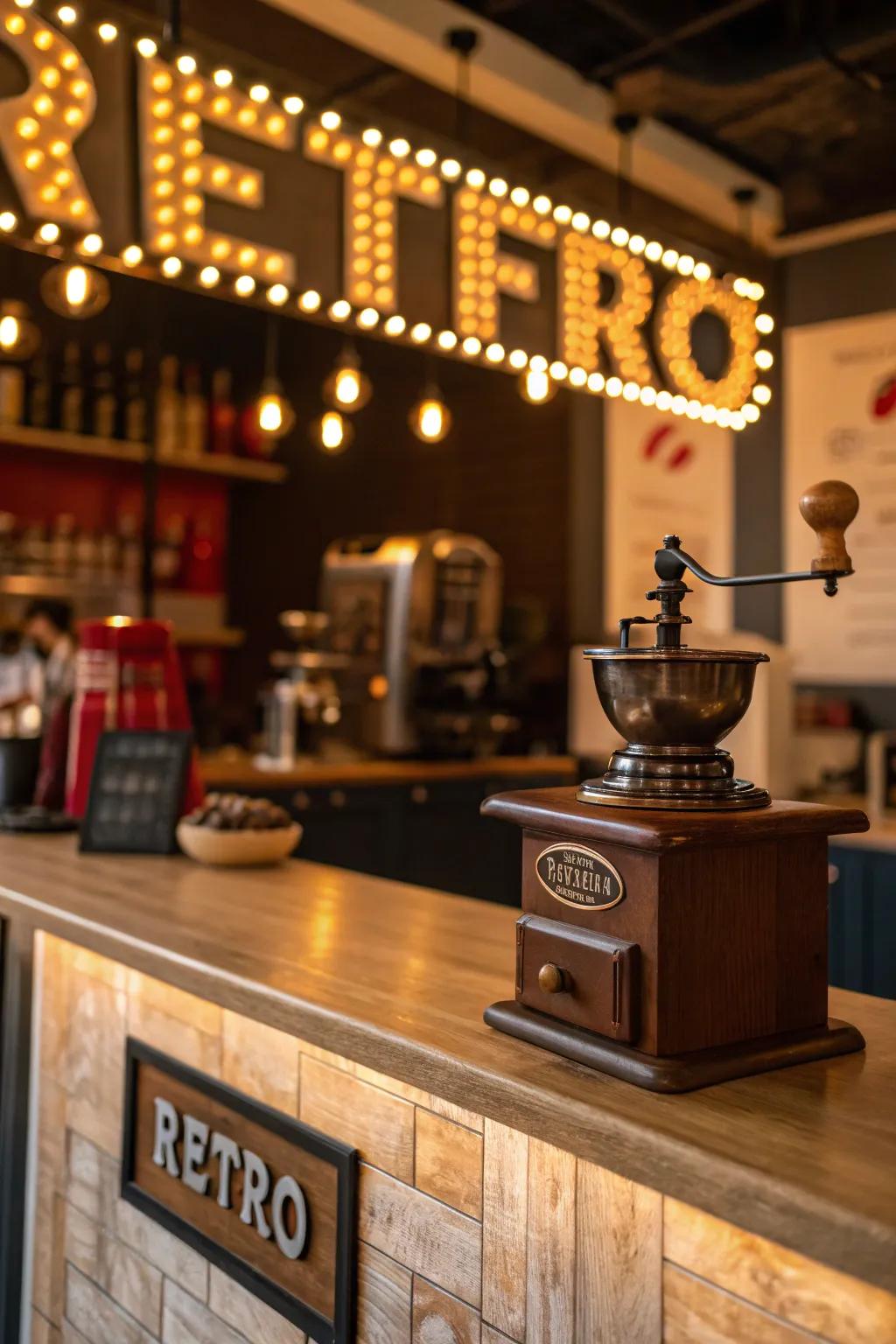 Vintage accents enhance the nostalgic appeal of your coffee area.