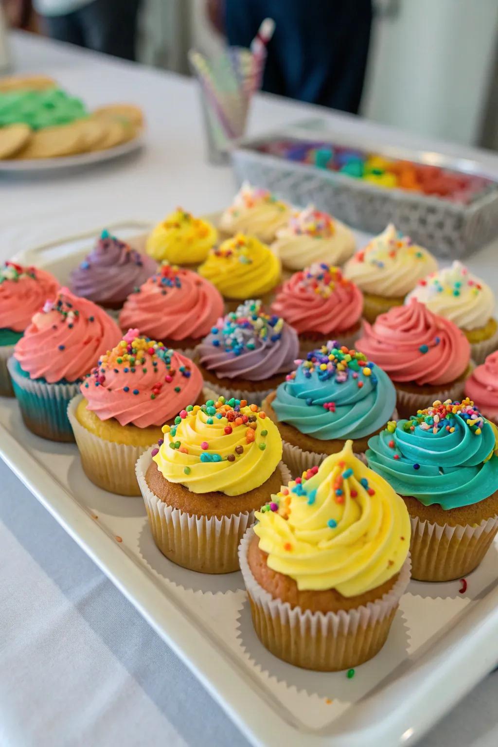 A delightful array of colorful cupcakes.