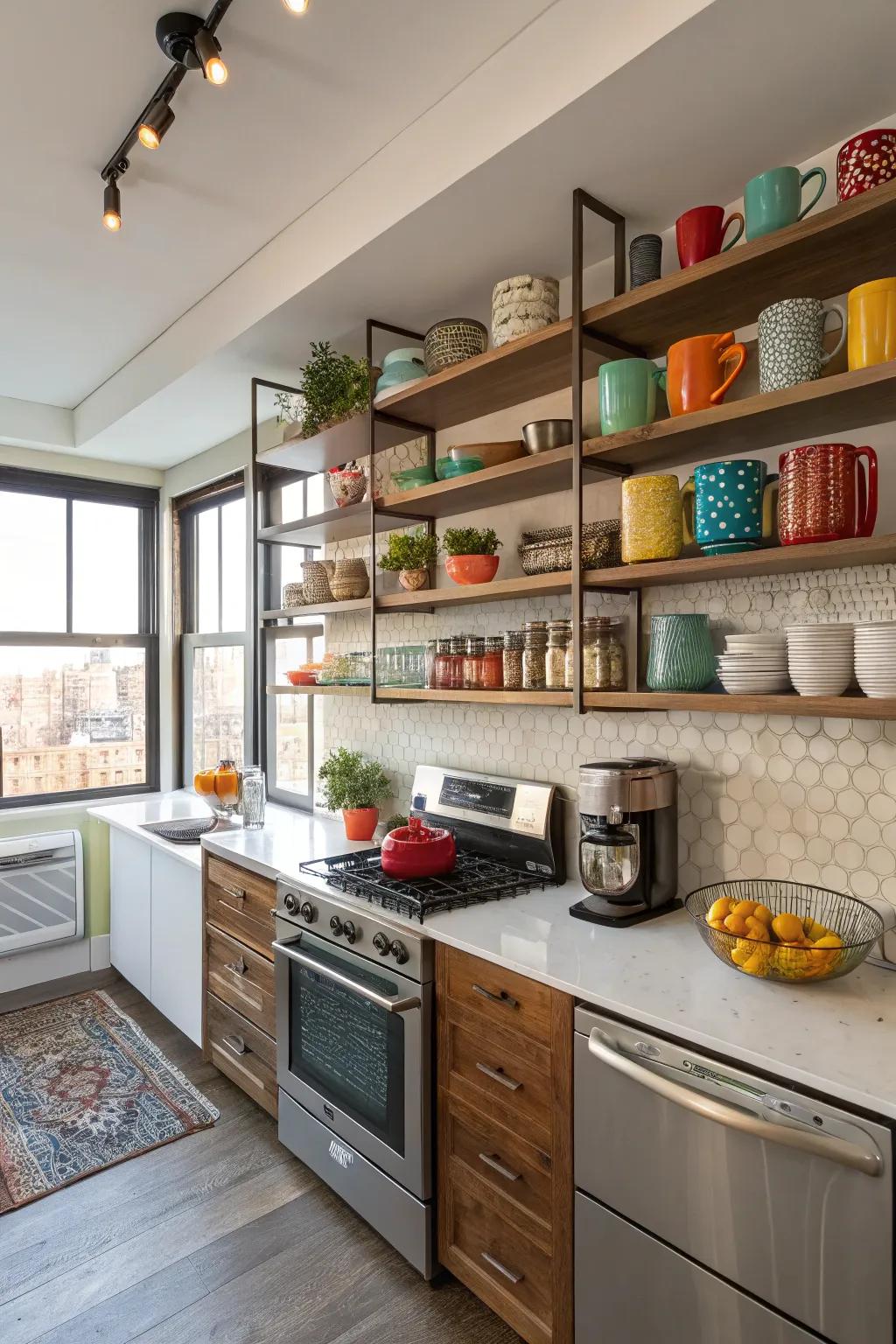 Open shelving adds style and accessibility to your kitchen.