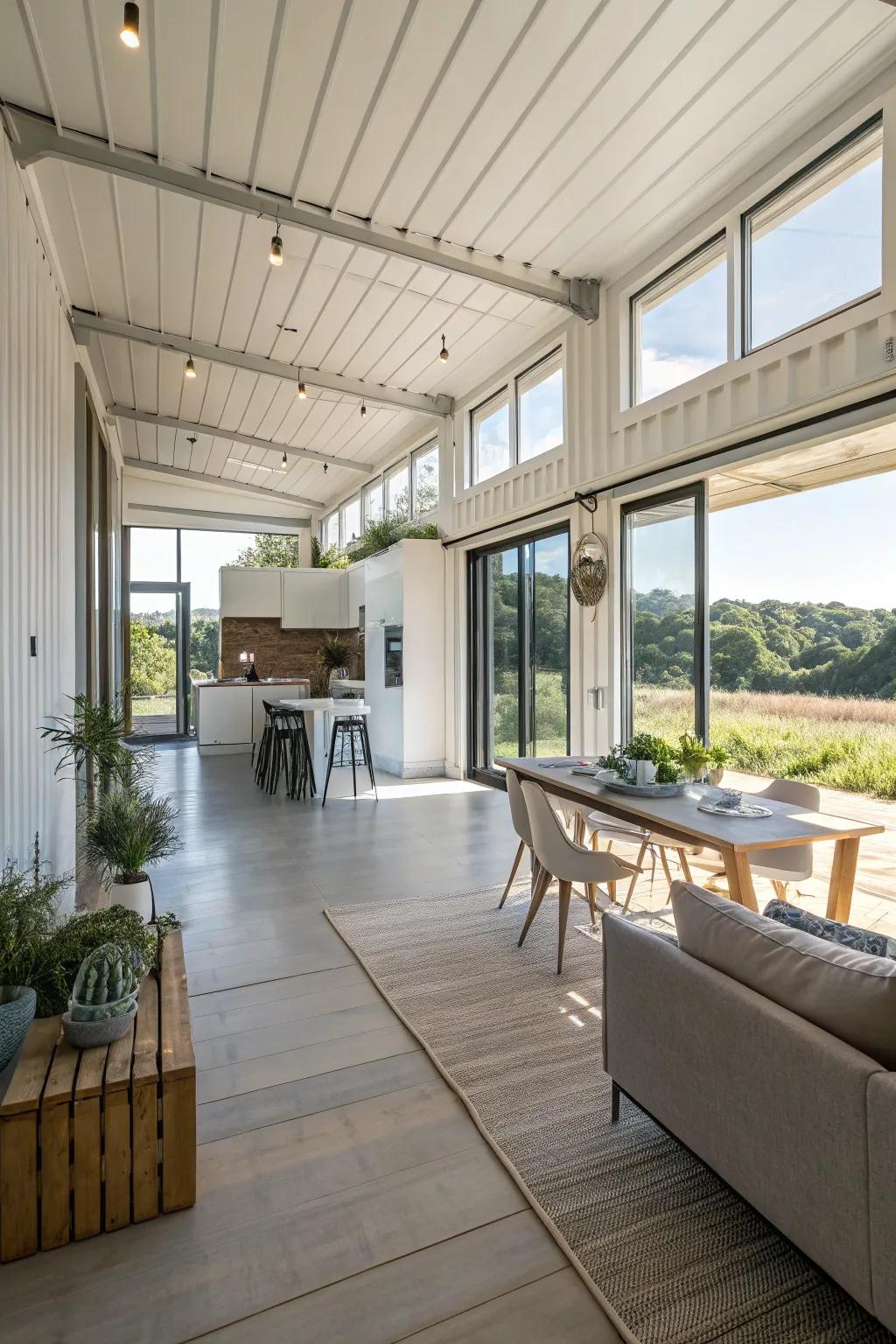 A container home with an airy and open floor plan.