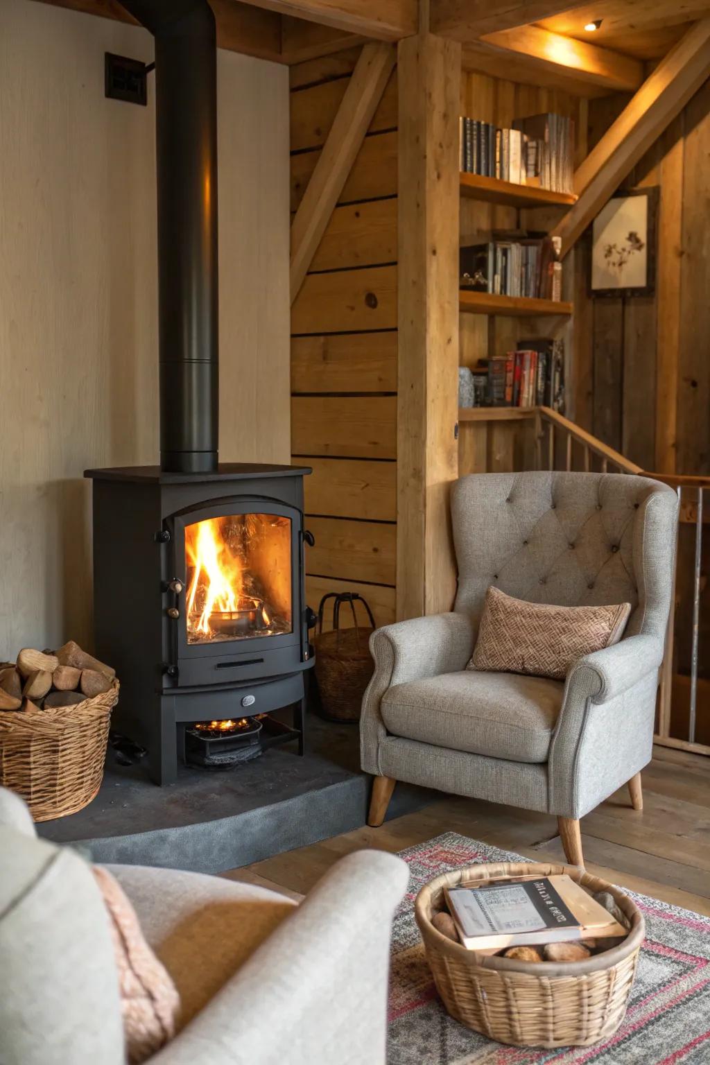 A cozy seating nook invites warmth and conversation.