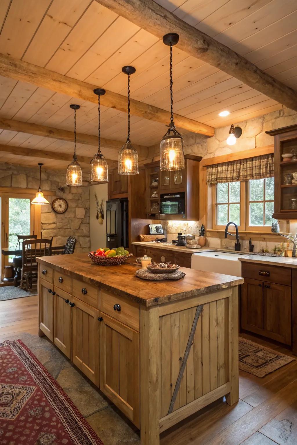 Warm pendant lights illuminate this inviting kitchen.