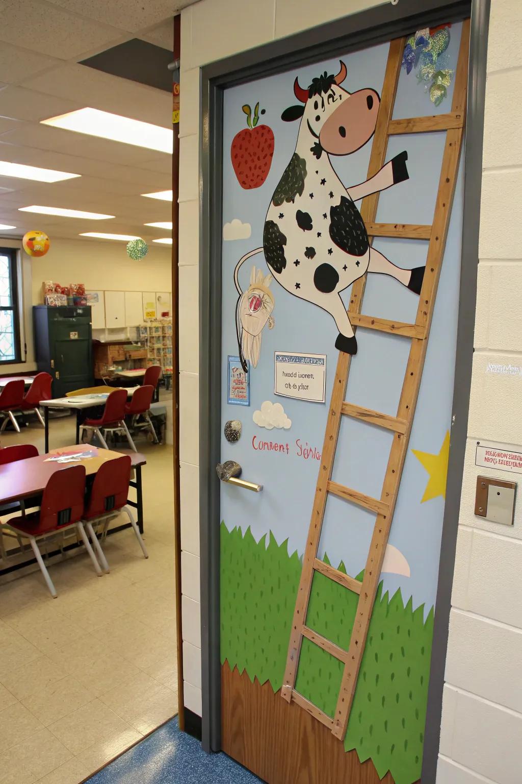 A 'Moo-ving Onward' door decoration for motivation