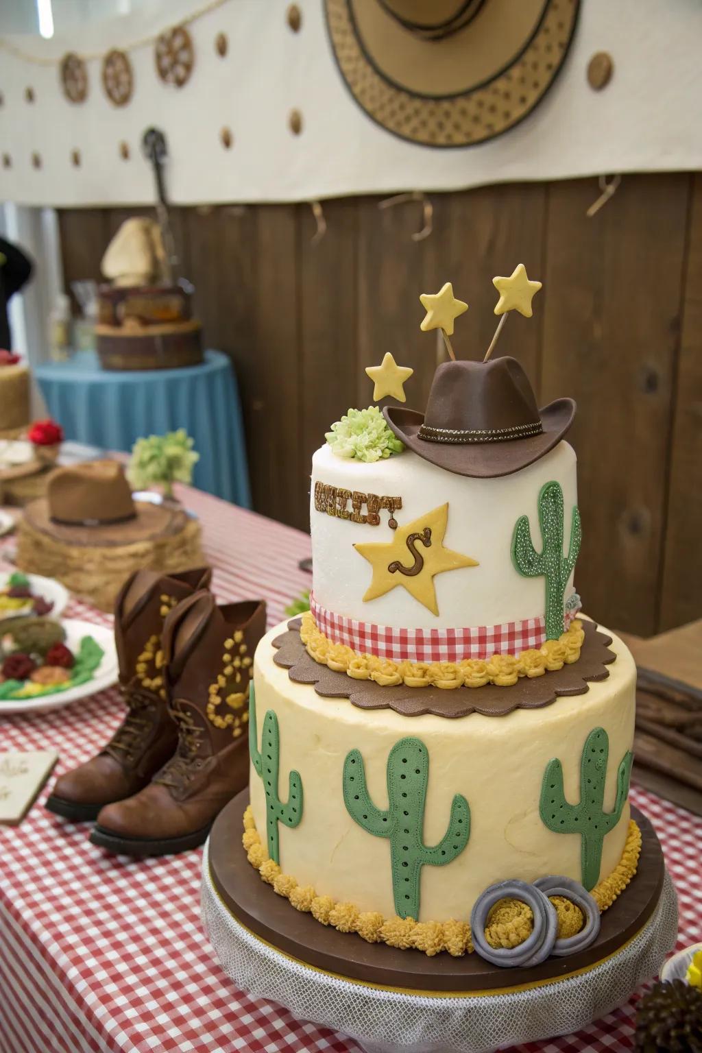 A sheriff badge adds a playful Wild West twist to this cowgirl cake.