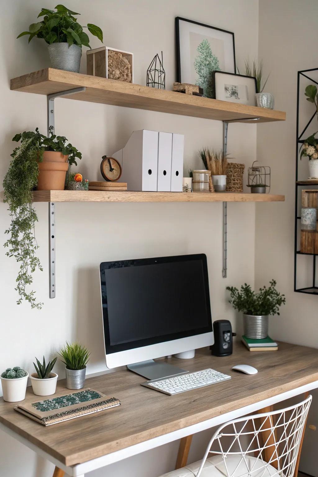 Floating shelves add depth and style to your setup.