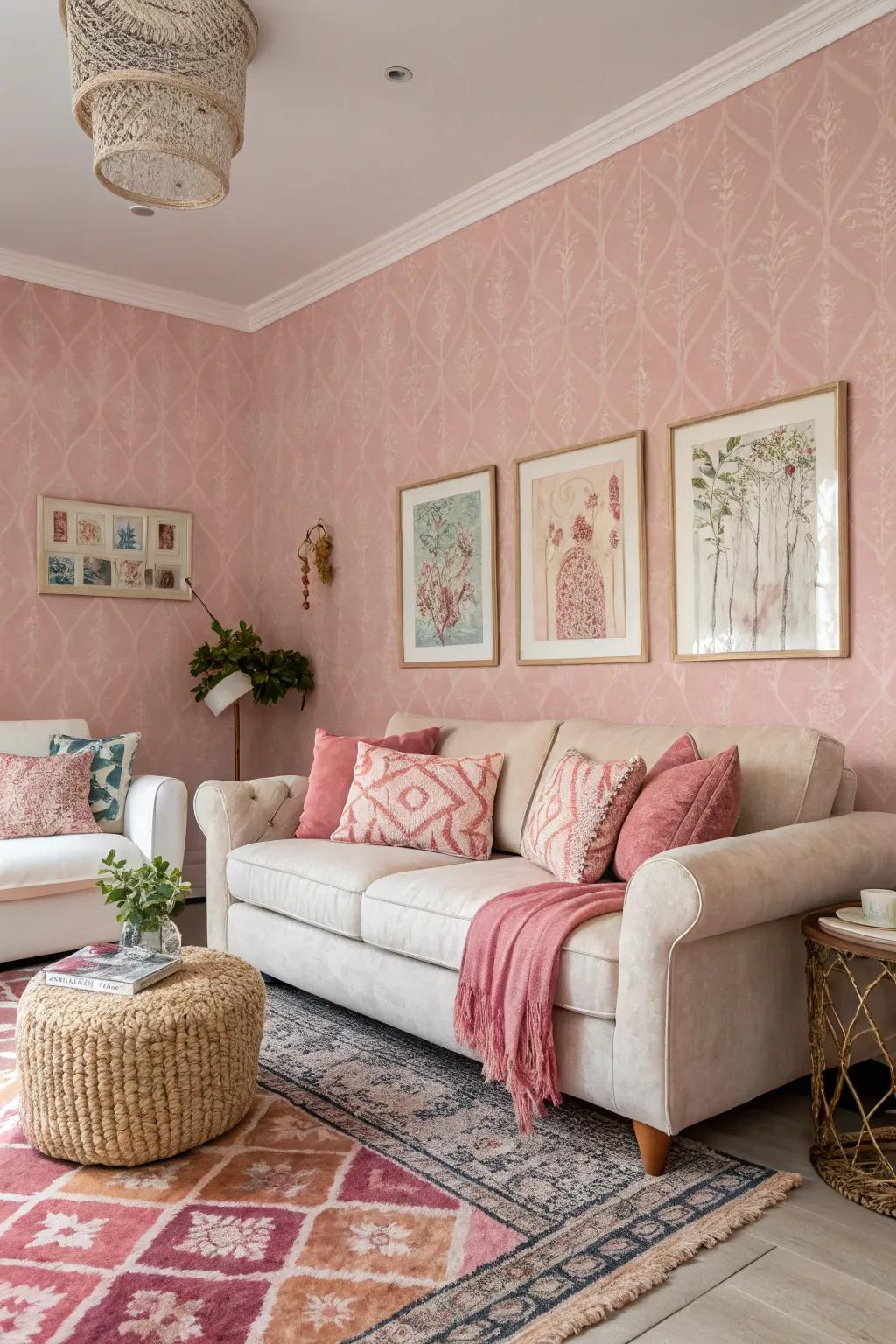 Textured pink wallpaper adds visual interest and depth to the walls.