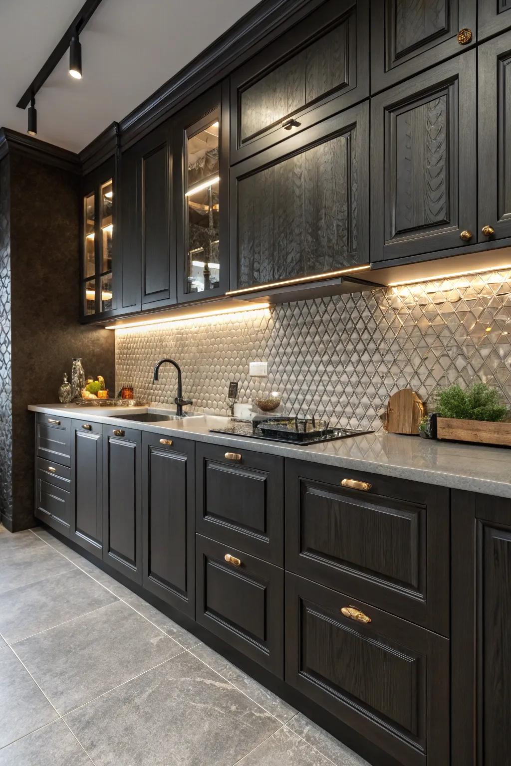 Mixing textures with matte and glossy finishes adds depth to dark cabinets.