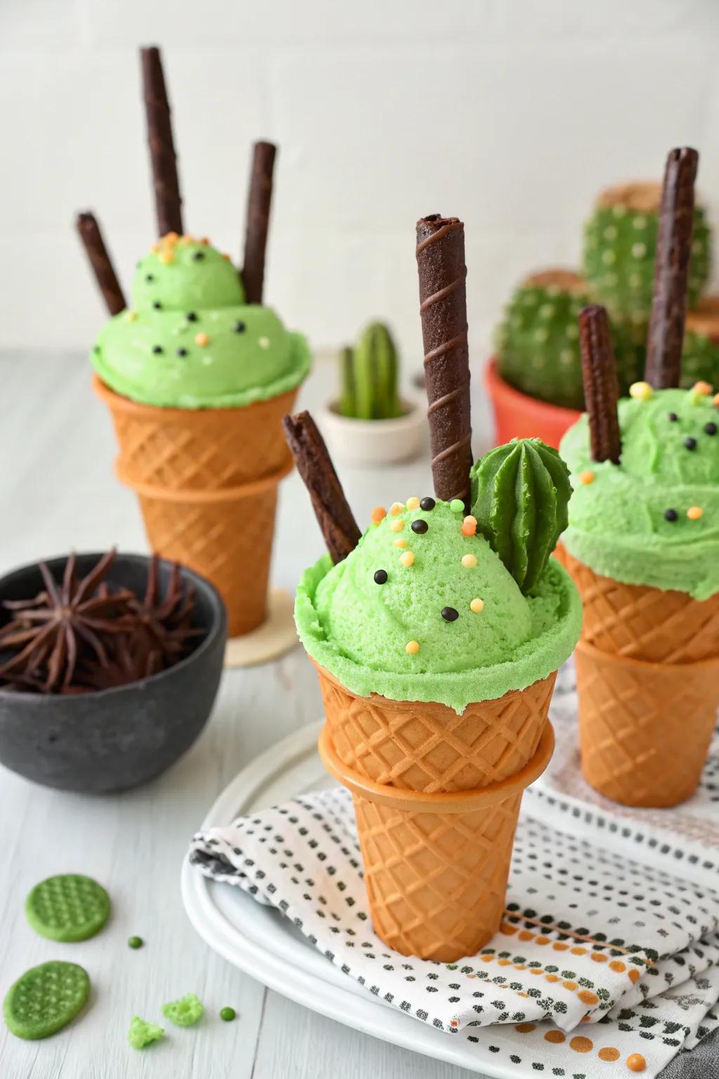 Cactus-shaped ice cream cones with green ice cream and chocolate sticks.