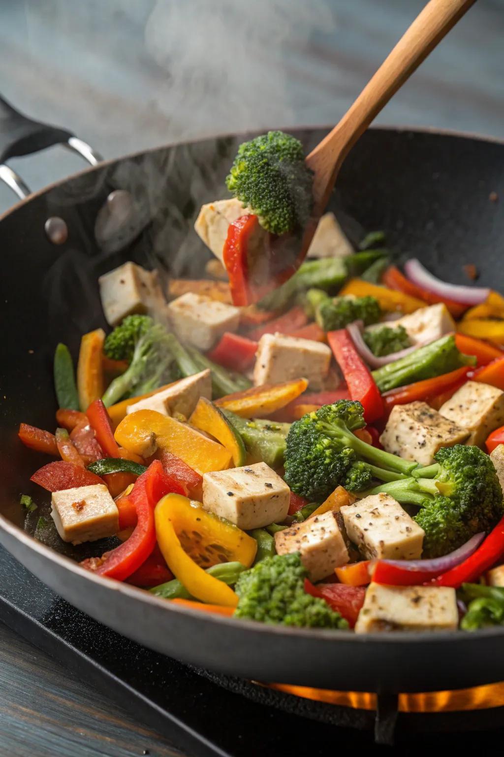 A colorful vegetable stir-fry with tofu.