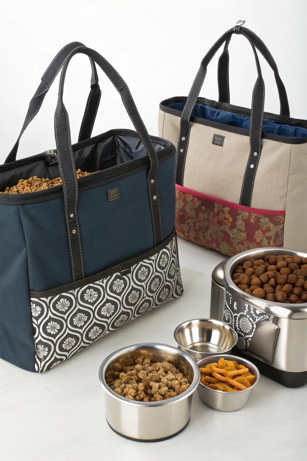 Portable totes provide a flexible and stylish solution for storing and transporting dog food.