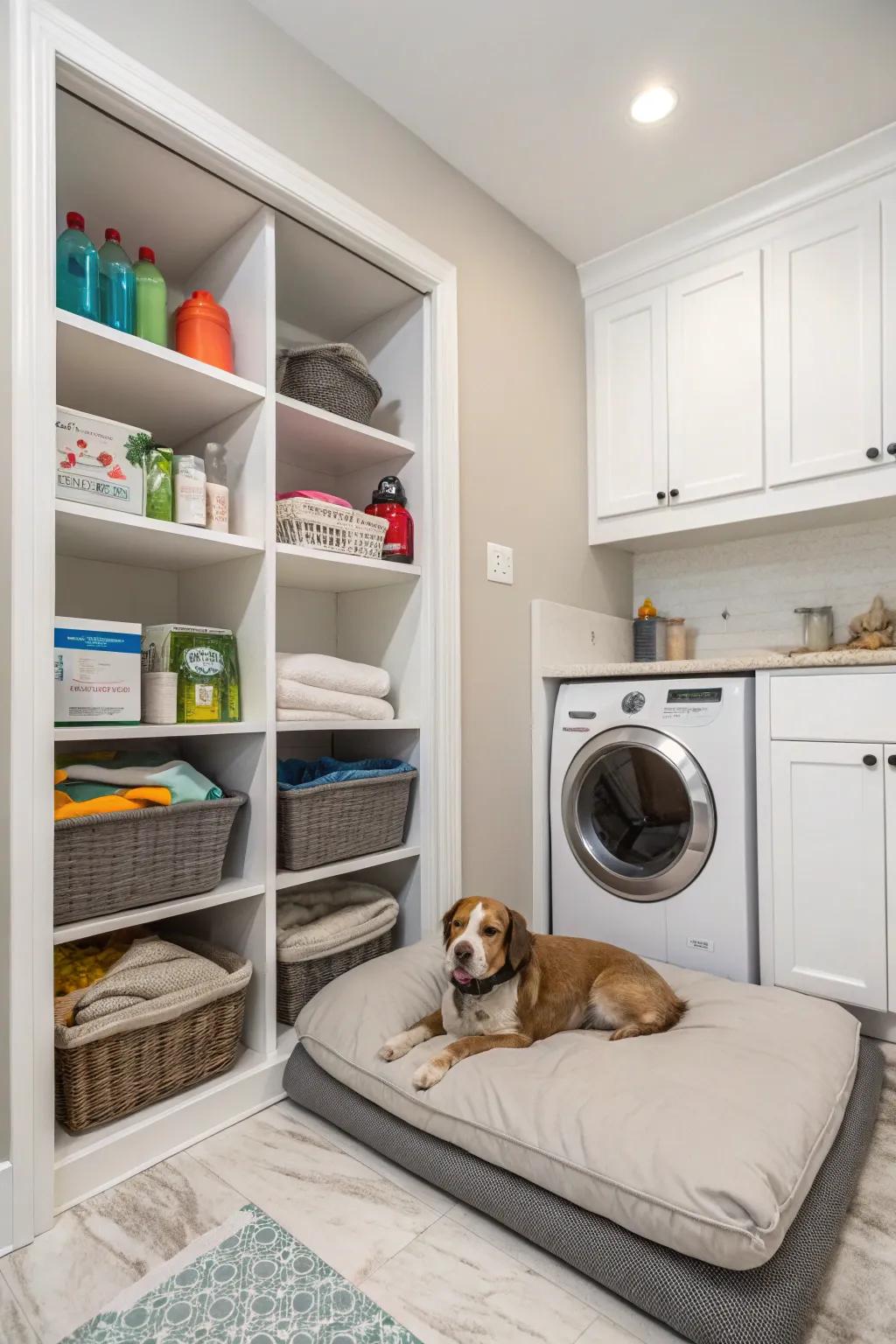 A practical canine nook in a laundry area with orderly shelving and a snug bed.