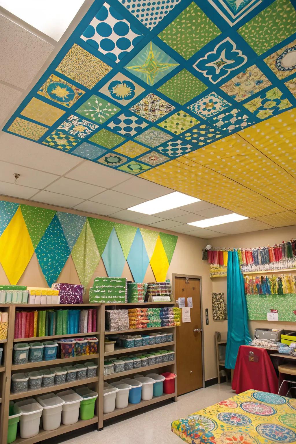 Infuse fun and creativity with patterned ceiling tiles.