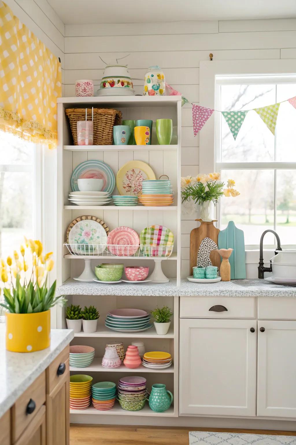 Easter-themed kitchenware brings a celebratory nuance to open ledges.