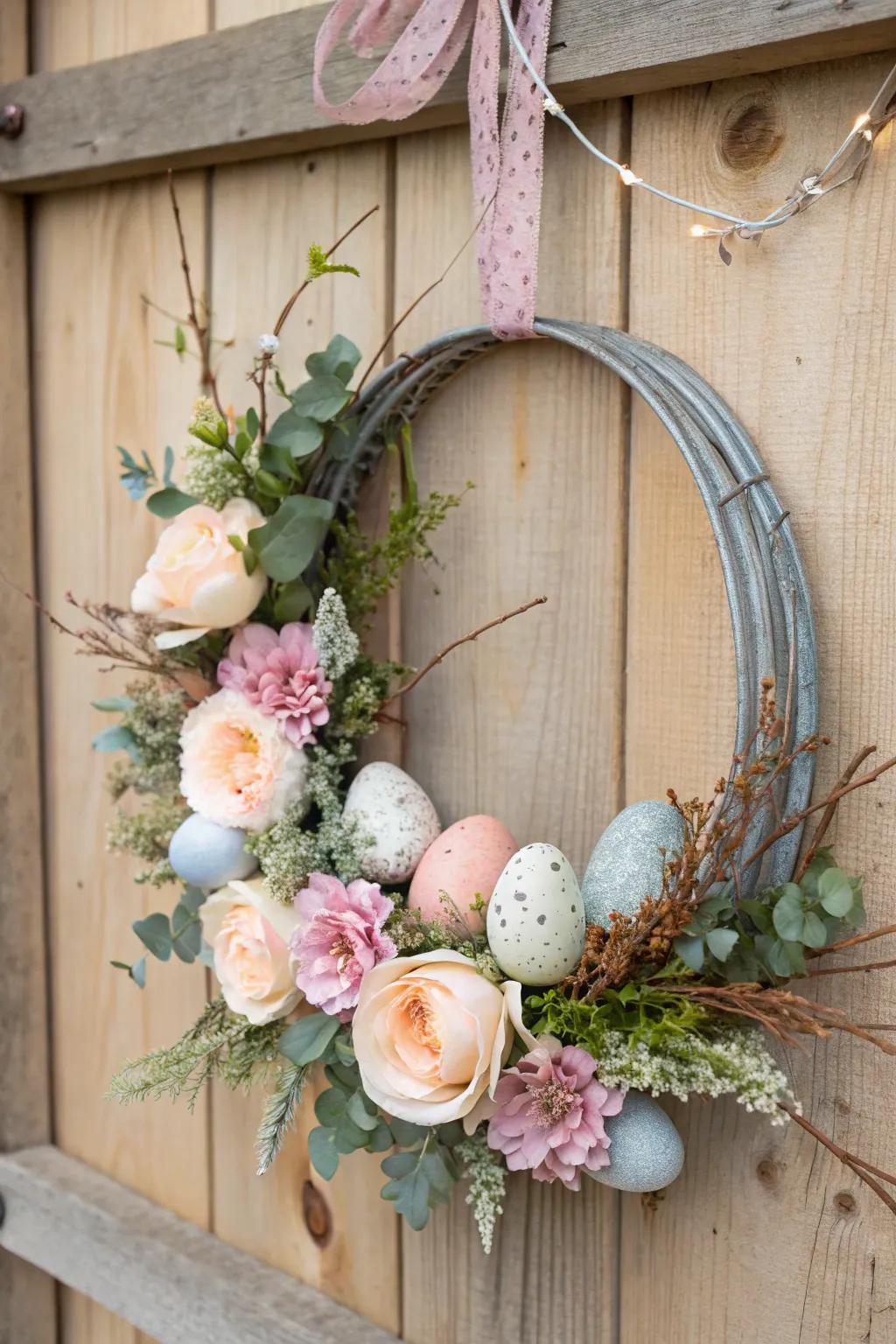 A rustic Easter wreath with a galvanized metal base and faux florals, perfect for a country vibe.