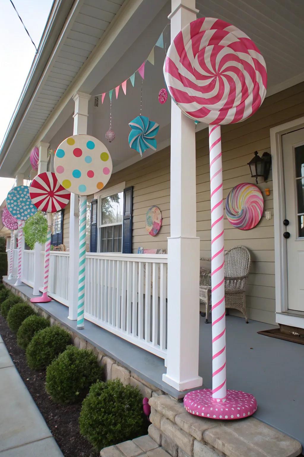 Oversized lollipops bring playful whimsy to the porch.