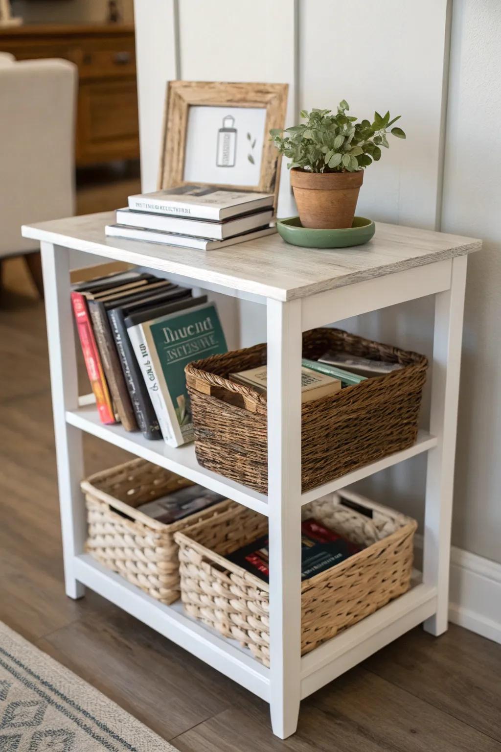 Shelves under an end table provide extra storage and style.