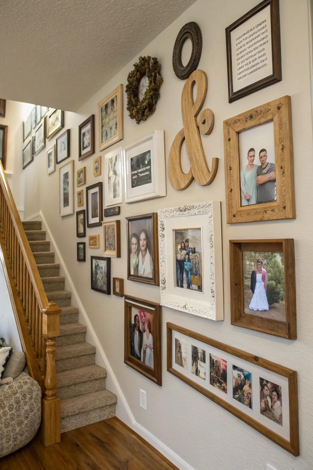 Personalized touches with initials add a unique flair to your photo wall.