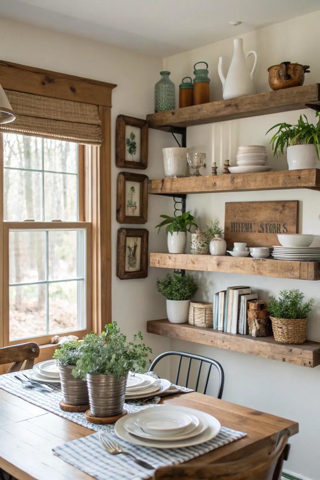 Floating shelves offer storage and style in this farmhouse dining room.