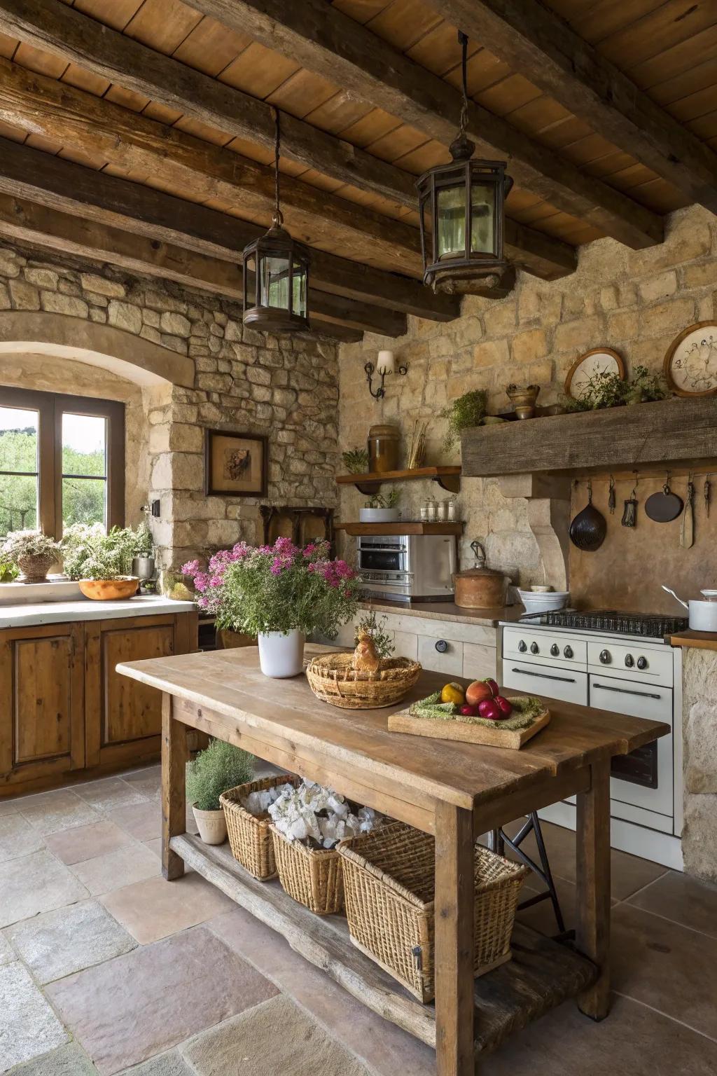 Natural stone accents adding earthy elegance to a farmhouse kitchen.