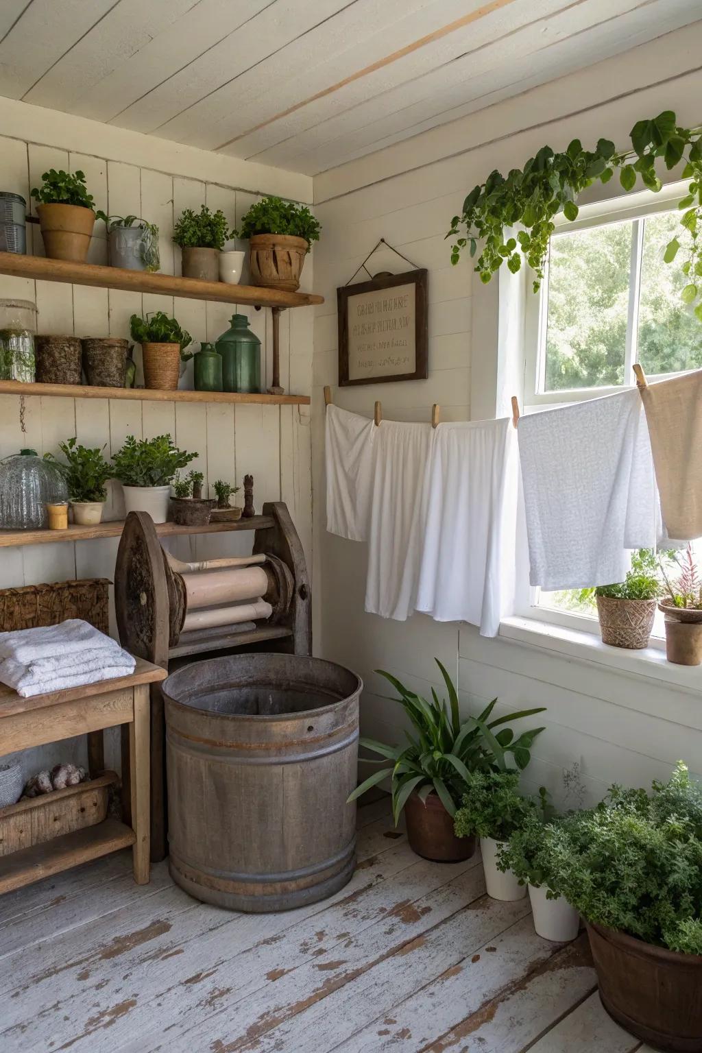 Plants add a natural and lively element to this charming laundry room.