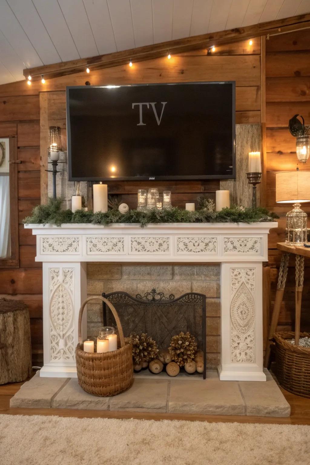 A farmhouse mantel with a TV above, featuring charming text signage.