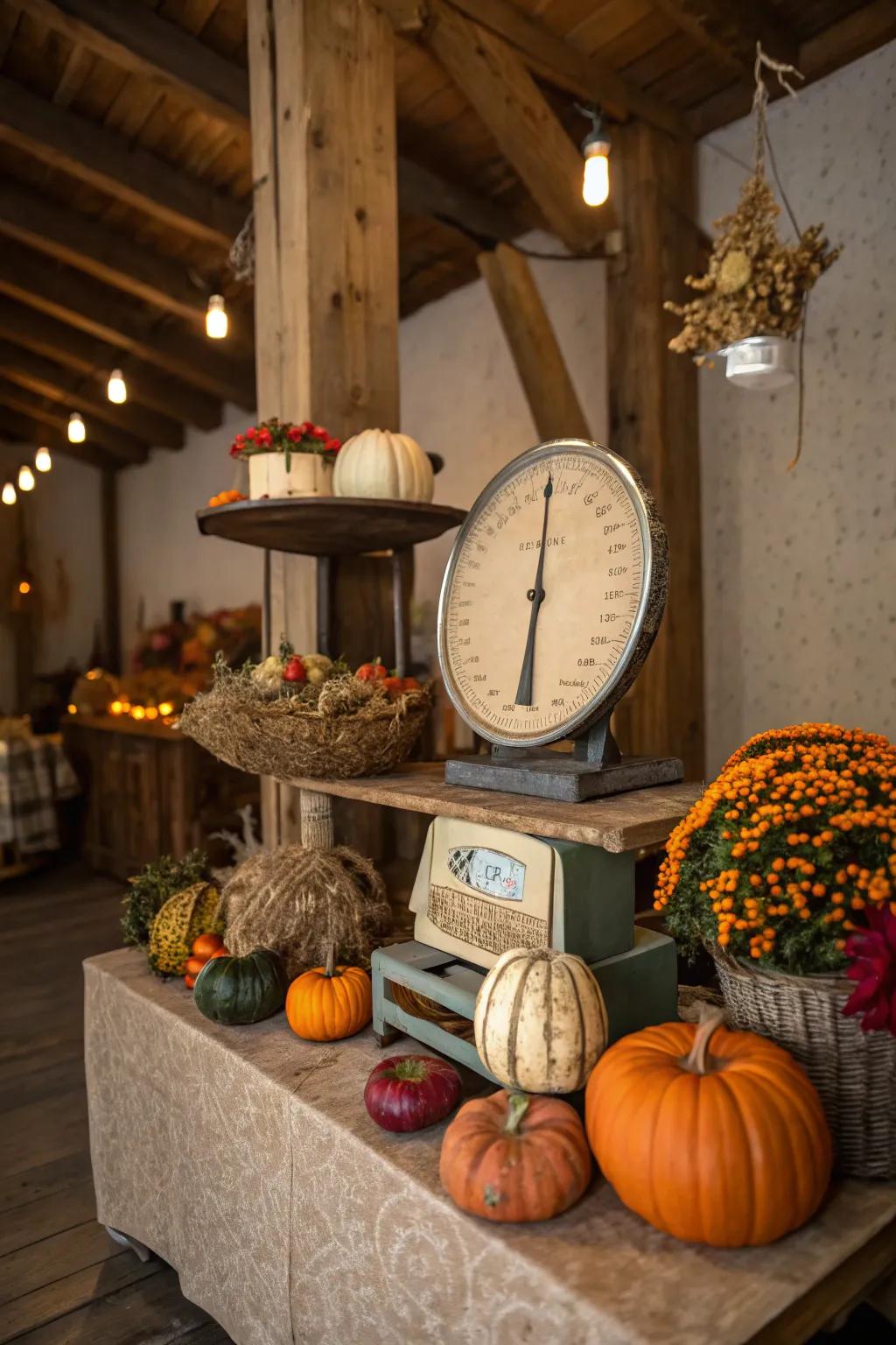 A charming seasonal vignette featuring a vintage scale.