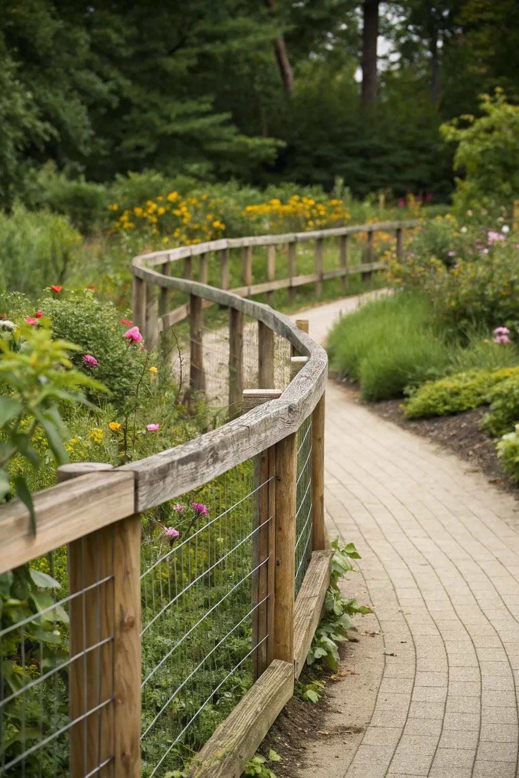 Curved wood and wire fence harmonizing with nature.