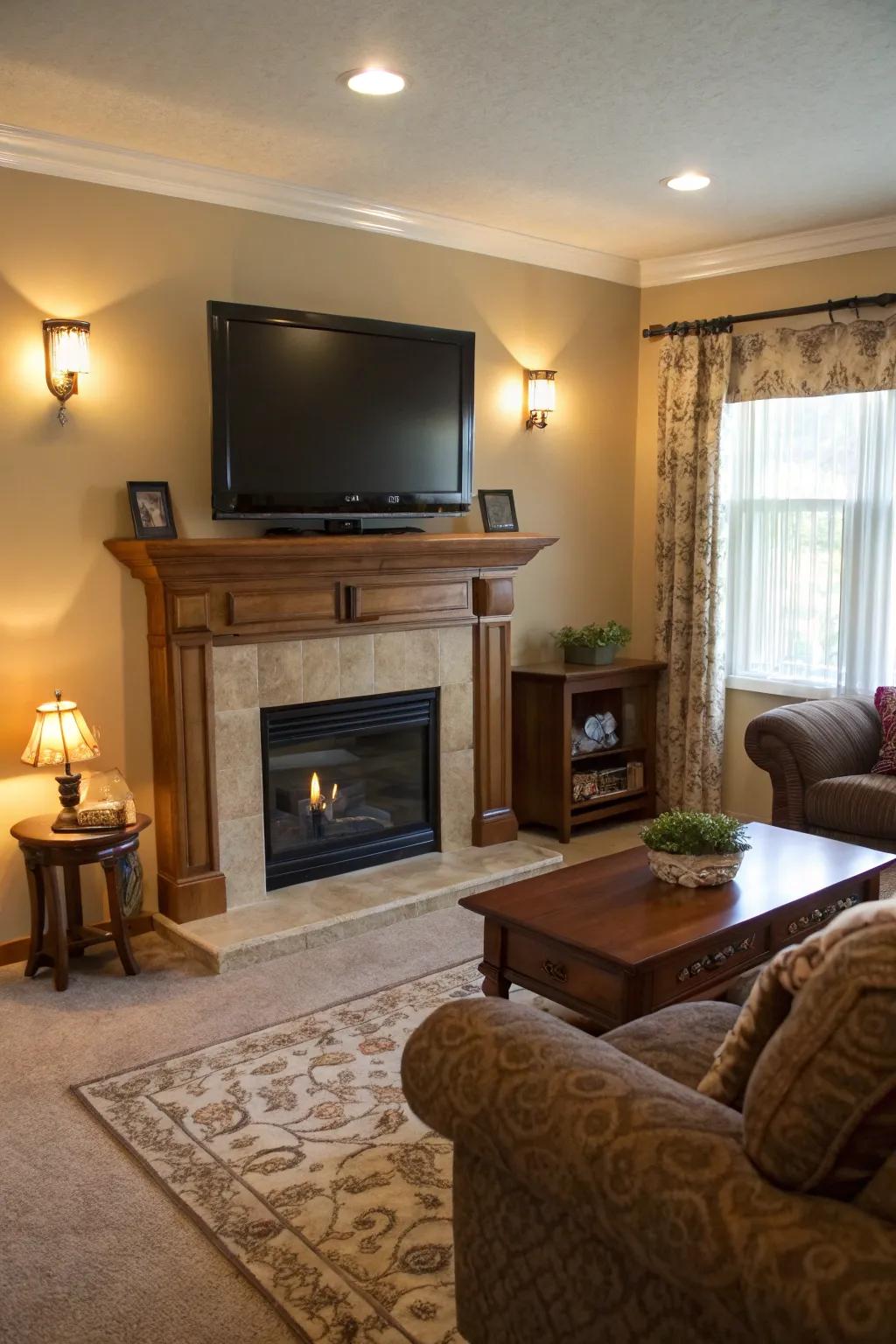 A living room featuring a streamlined TV setup above the fireplace.