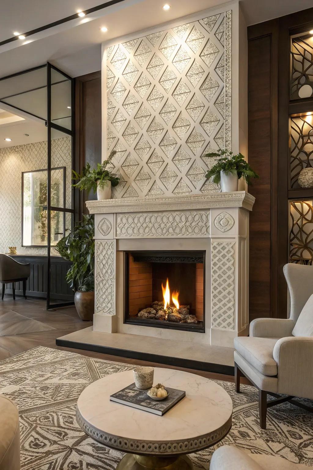 Three-dimensional tiles create a visually intriguing fireplace design.