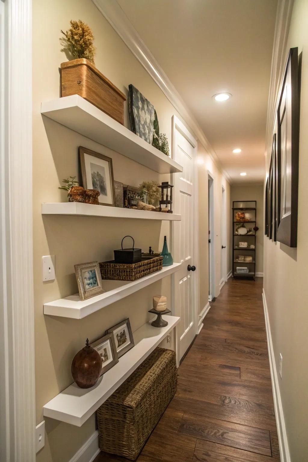 Optimize tight spaces with functional floating shelves.