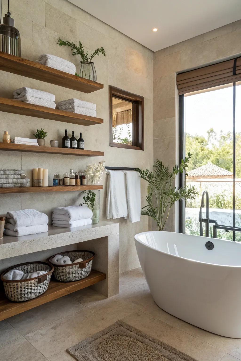 Bathroom floating shelves providing elegance and functionality.