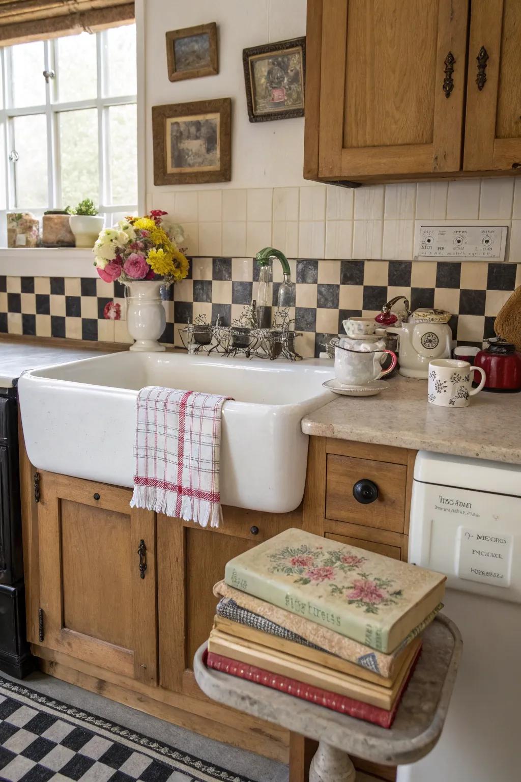 A vintage kitchen enriched by an antique free standing sink.