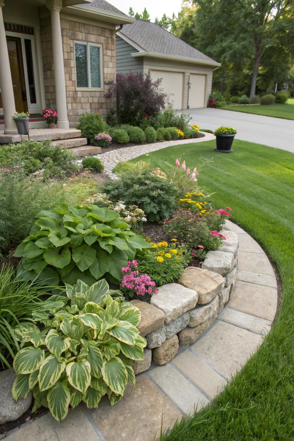 Elegant stone edging defining a corner garden space.