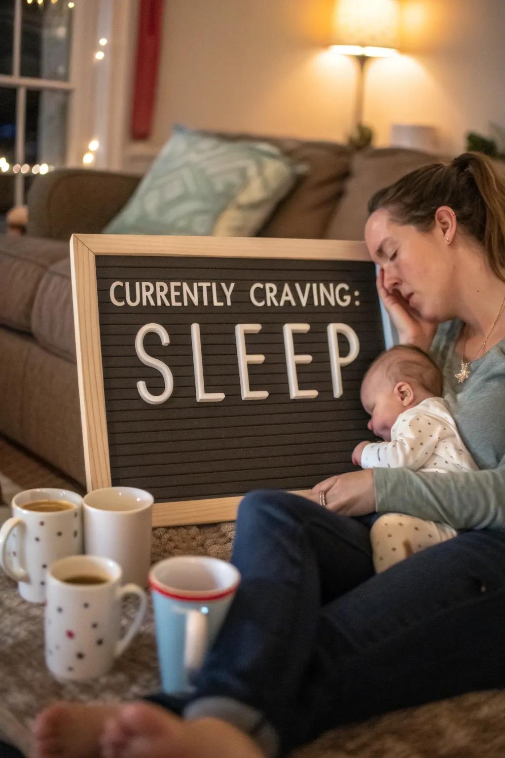 A humorous nod to the sleep struggles of new parents.