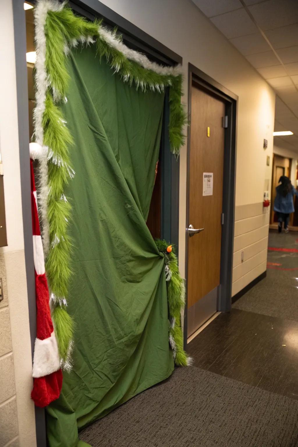 The Grinch's hideaway makes for a humorous and festive Christmas door.