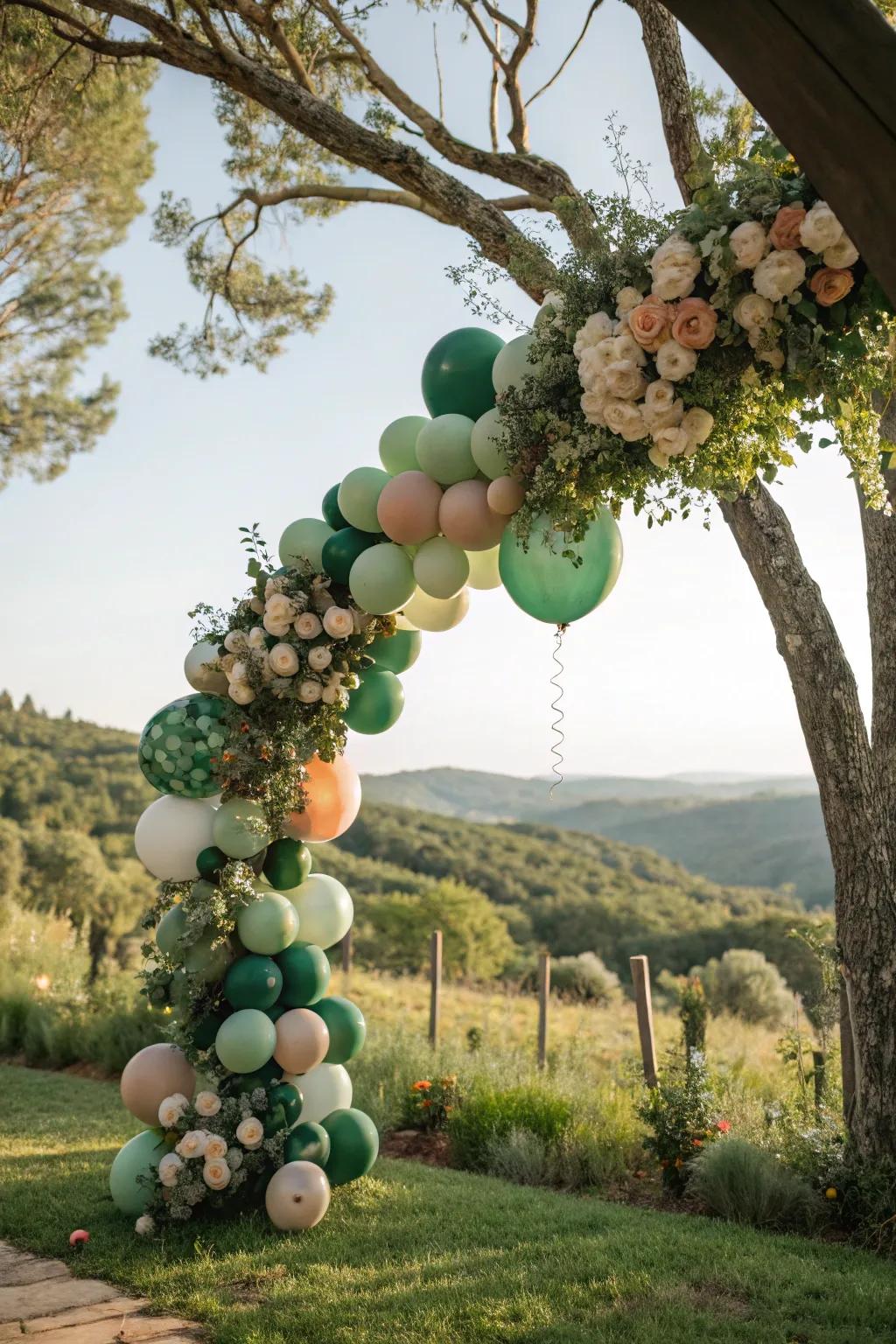 Thoughtful eco-friendly balloon garland with natural colors.