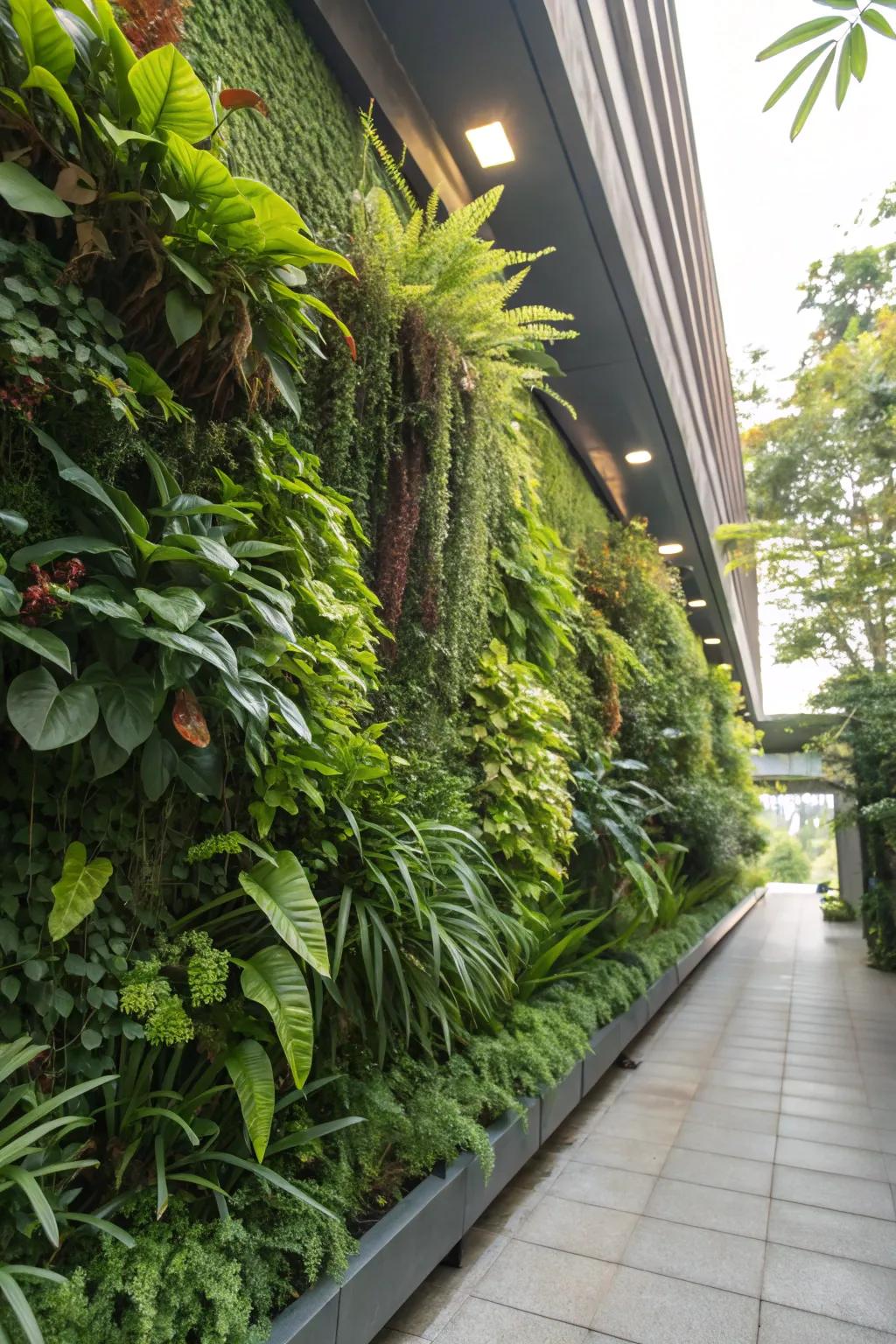 A living wall, adding vertical interest and lush greenery to the garden.