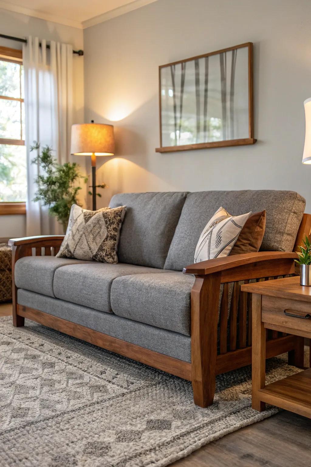 Warm wood tones complement the cool grey couch.