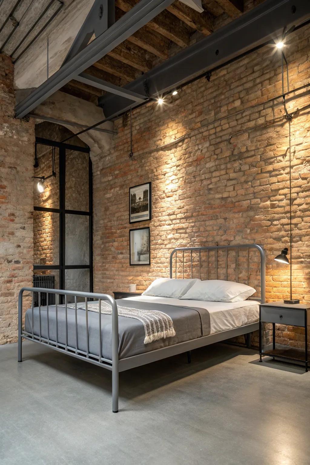 Grey metal furnishings and brick walls produce an industrial vibe.