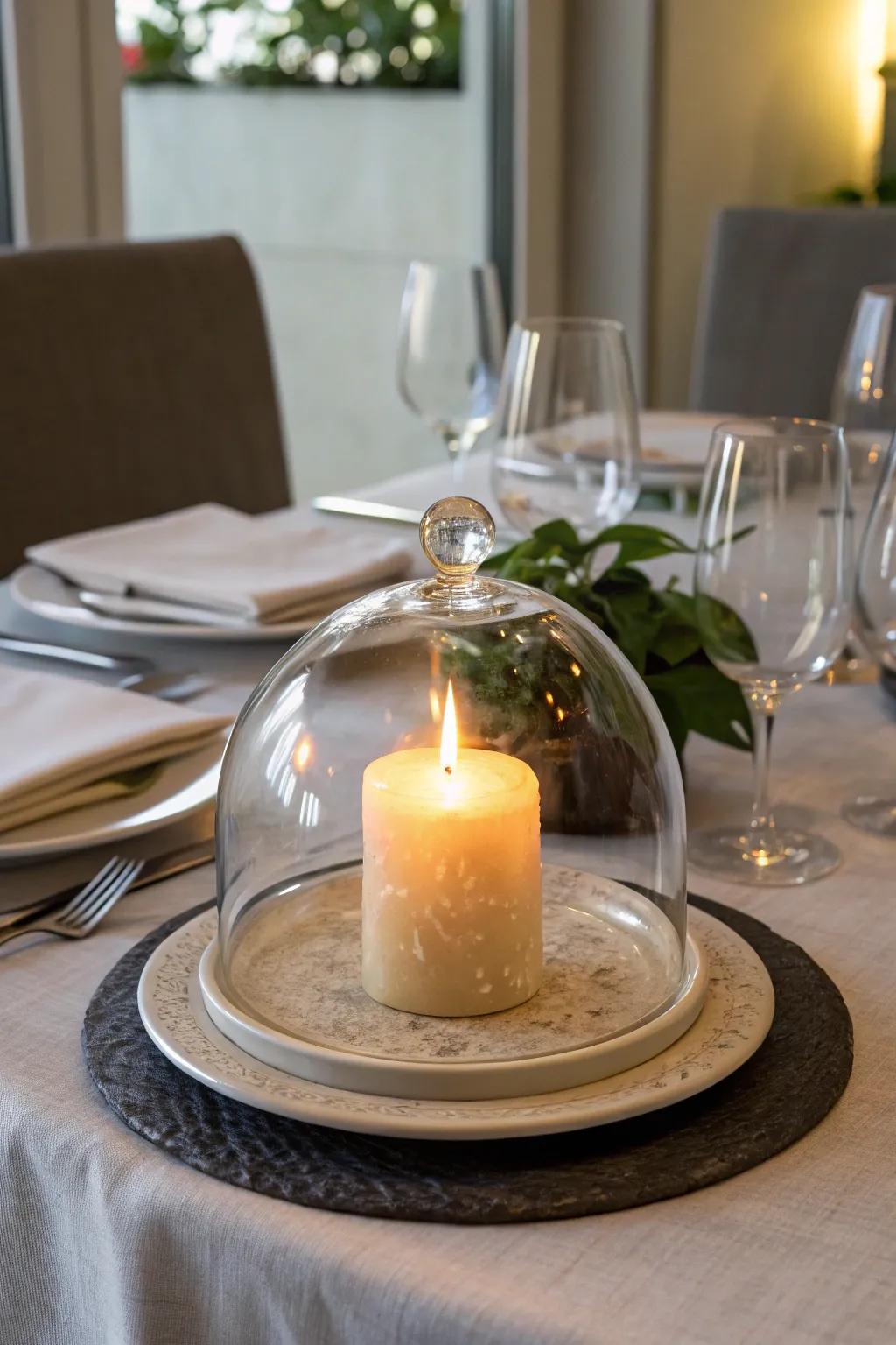 A cloche with a candle provides a cozy Halloween ambiance.