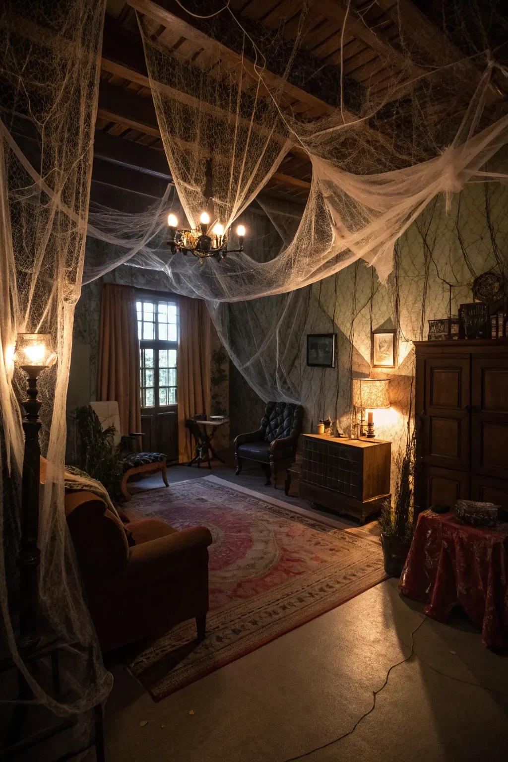 Cobwebs add a touch of spookiness to any room.