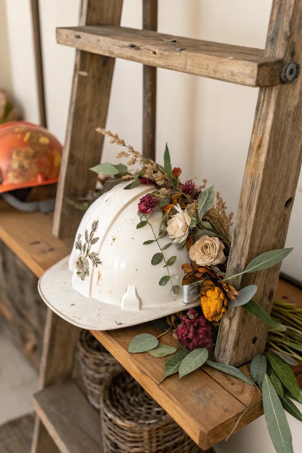 A safety helmet beautifully decorated with natural elements.