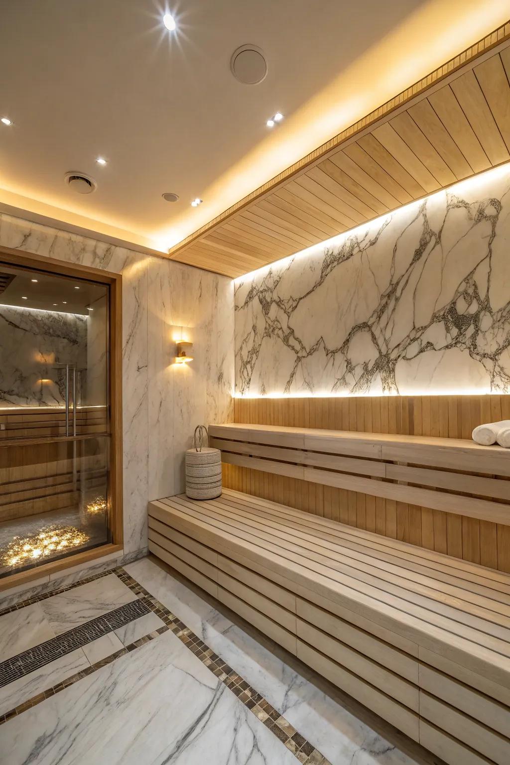 Luxury finishes turn this sauna into an opulent escape.