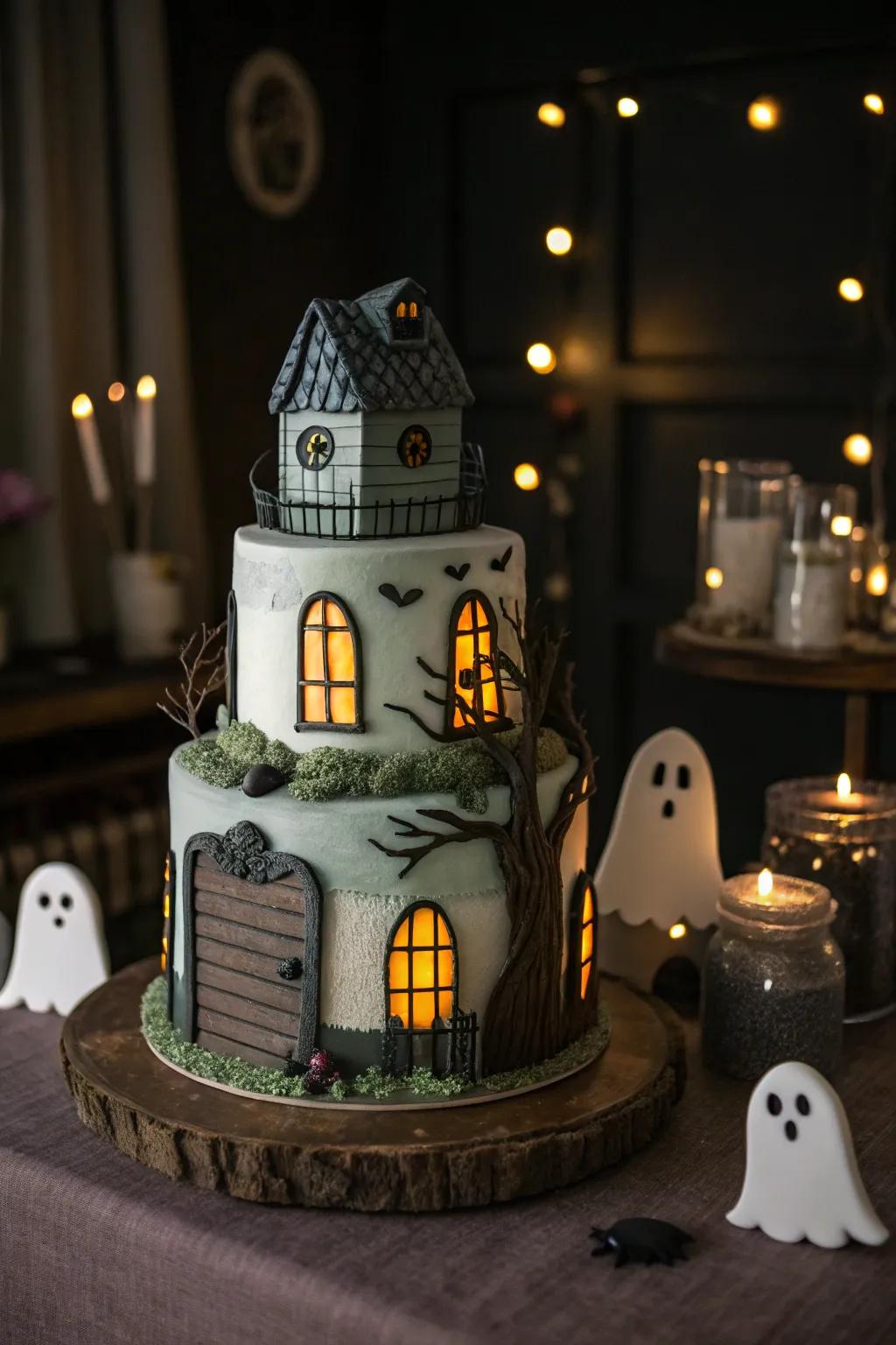 A haunted house cake that's delightfully spooky.