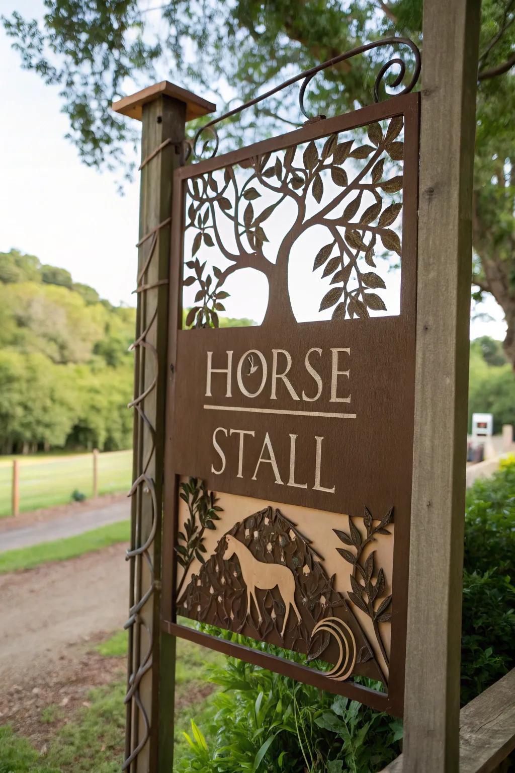 Nature-inspired elements on a horse stall sign.