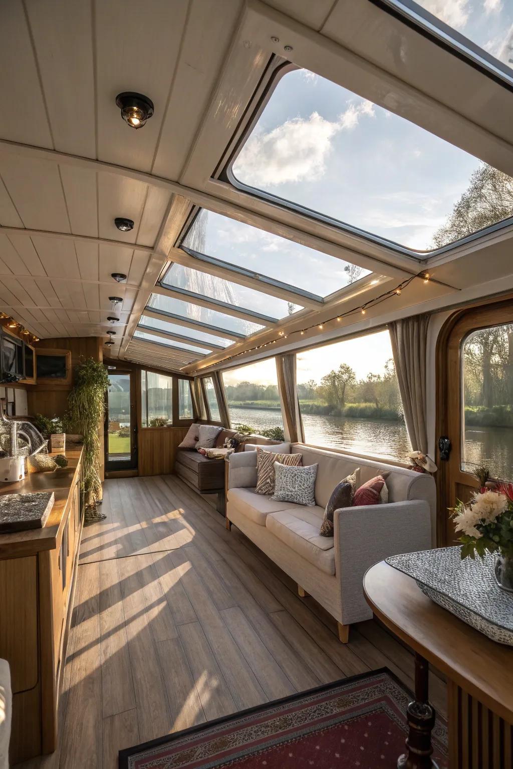 Skylights brighten and enlarge the houseboat's interior.